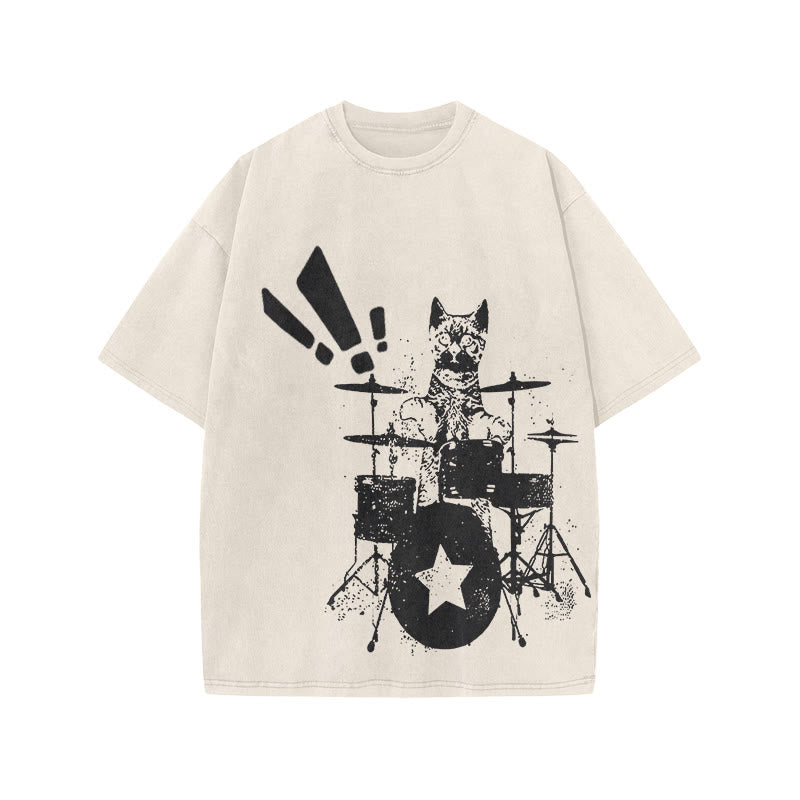 Unisex Cat Playing Drums Print Acid Washed T-shirt