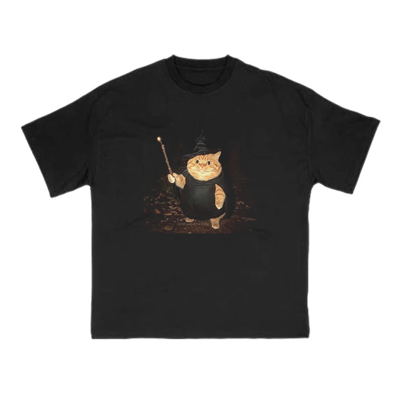 Unisex Spellcasting Wizard Cat Halloween Print T-shirt