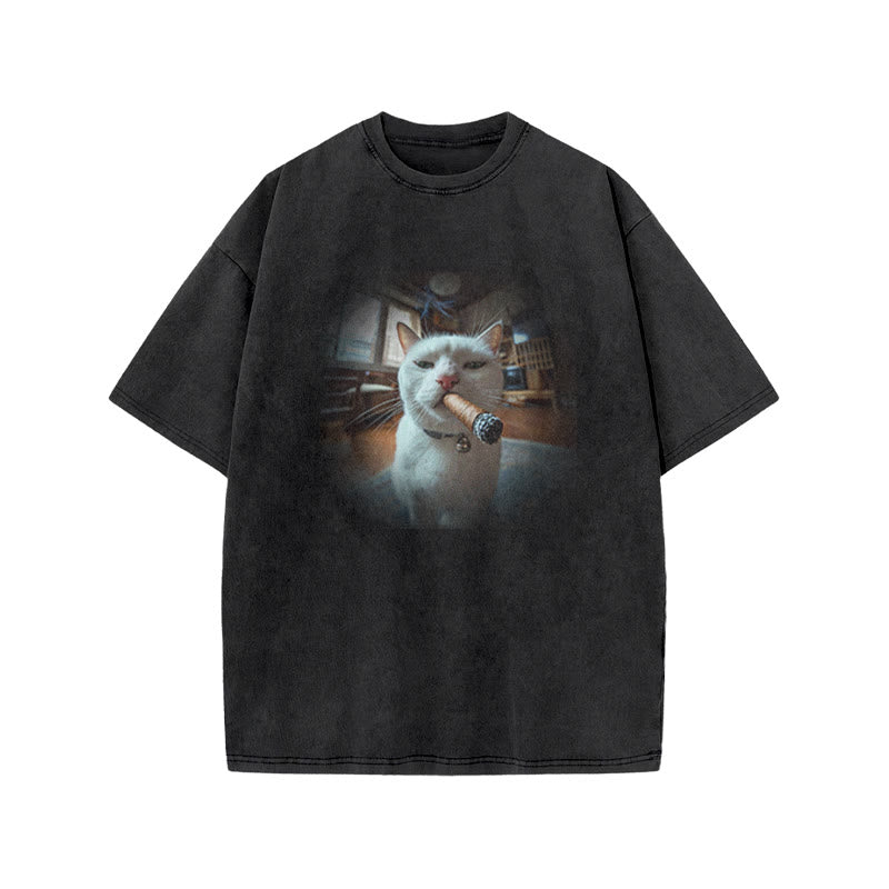 Unisex Cat Smoking A Cigar Print Acid Washed T-shirt