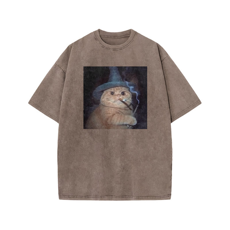 Unisex Smoking Wizard Cat Halloween Print Acid Washed T-shirt