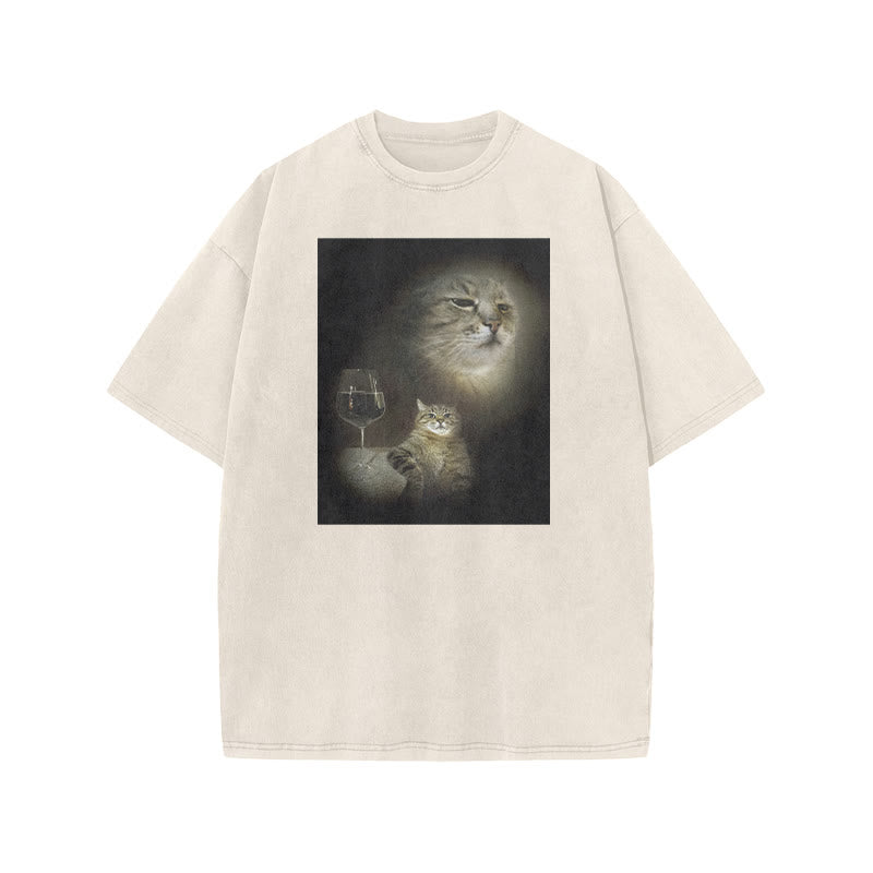 Unisex Cat And Wine Print Acid Washed T-shirt