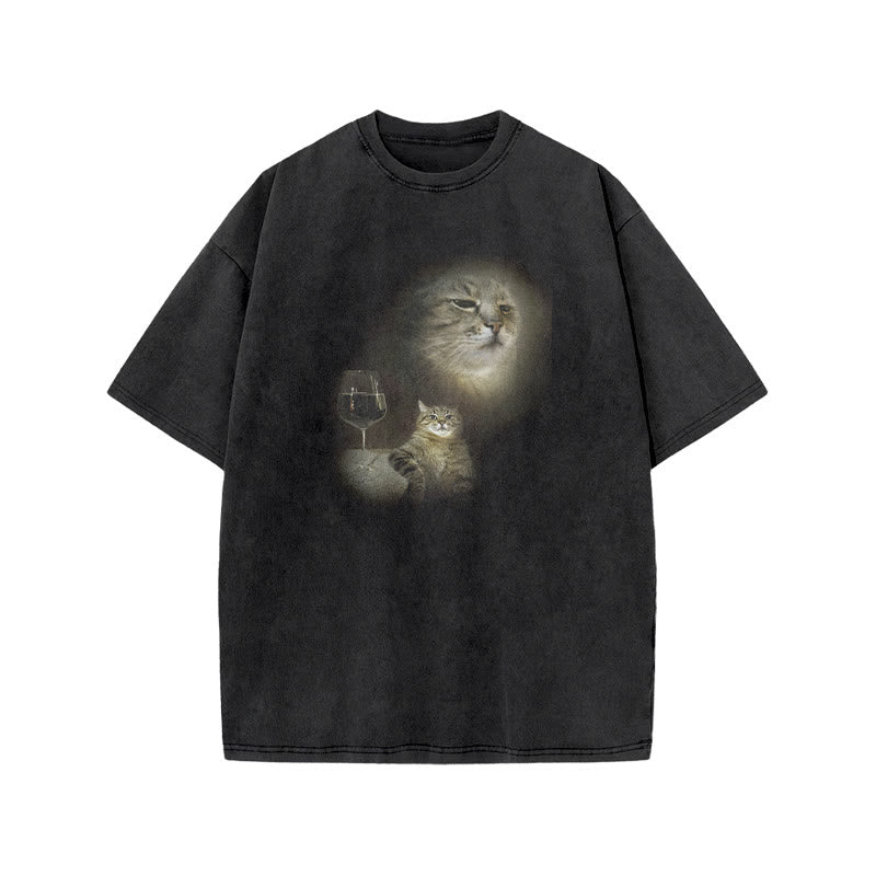 Unisex Cat And Wine Print Acid Washed T-shirt