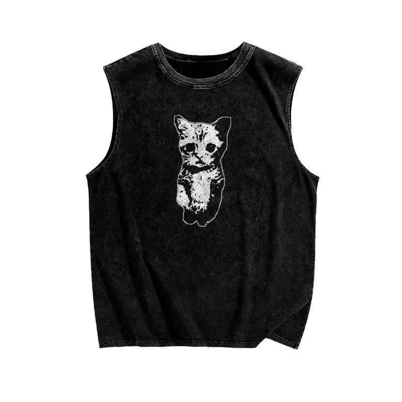 Unisex Cute Cat Print Washed Tank Top