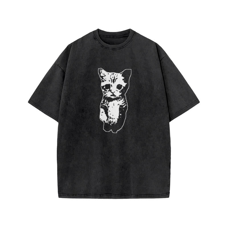 Unisex Cute Cat Print Acid Washed T-shirt
