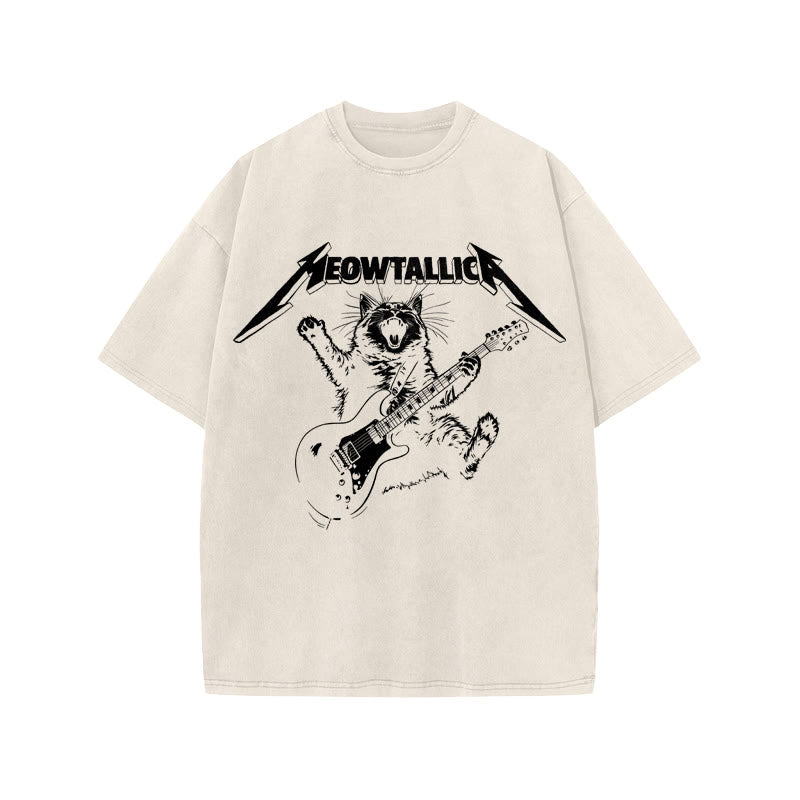 Unisex Bassist Cat Print Acid Washed T-shirt