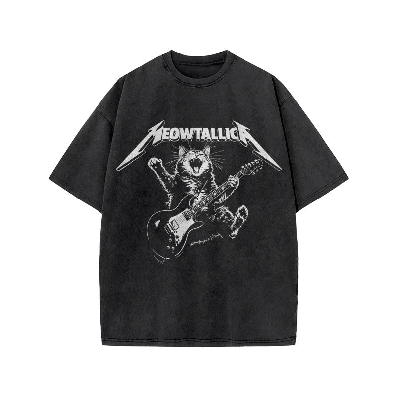 Unisex Bassist Cat Print Acid Washed T-shirt