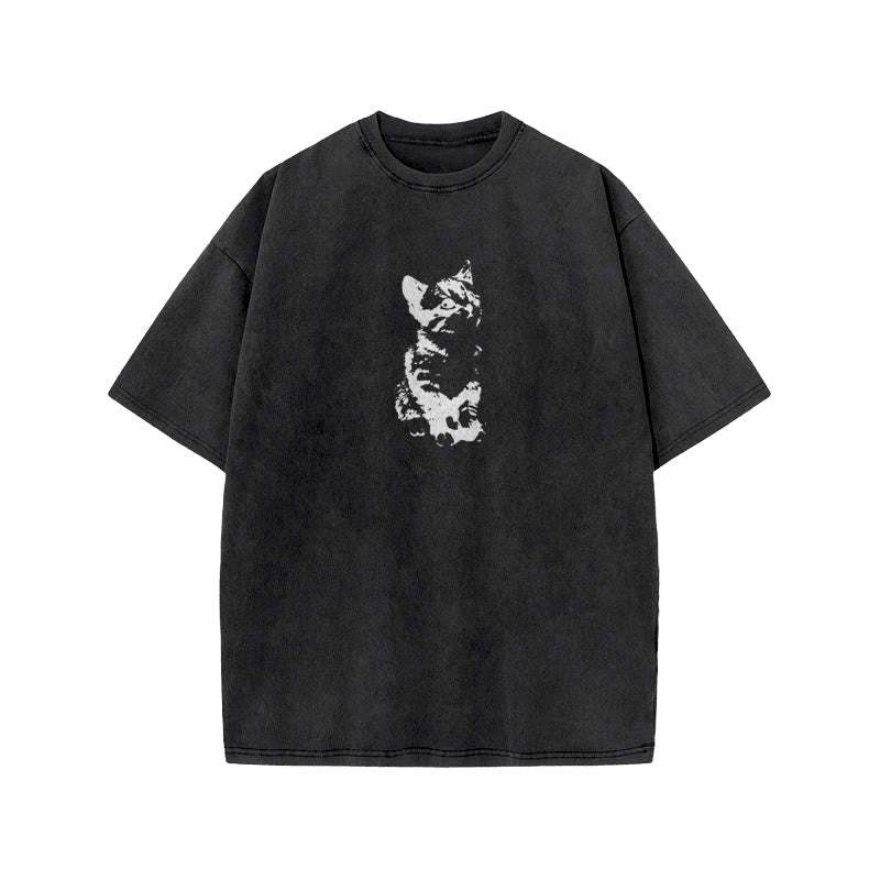 Unisex Cute Cat Print Acid Washed T-shirt