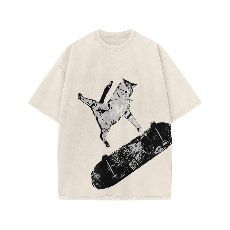 Unisex Street Skate Cat Print Acid Washed T-shirt