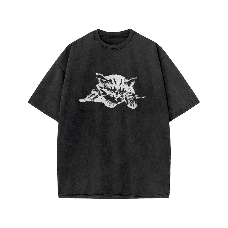 Unisex Quiet Sleeping Cat Print Acid Washed T-shirt