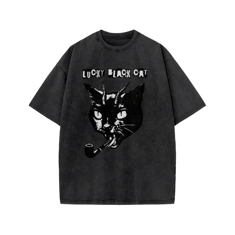 Unisex Lucky Black Cat Print Acid Washed T-shirt
