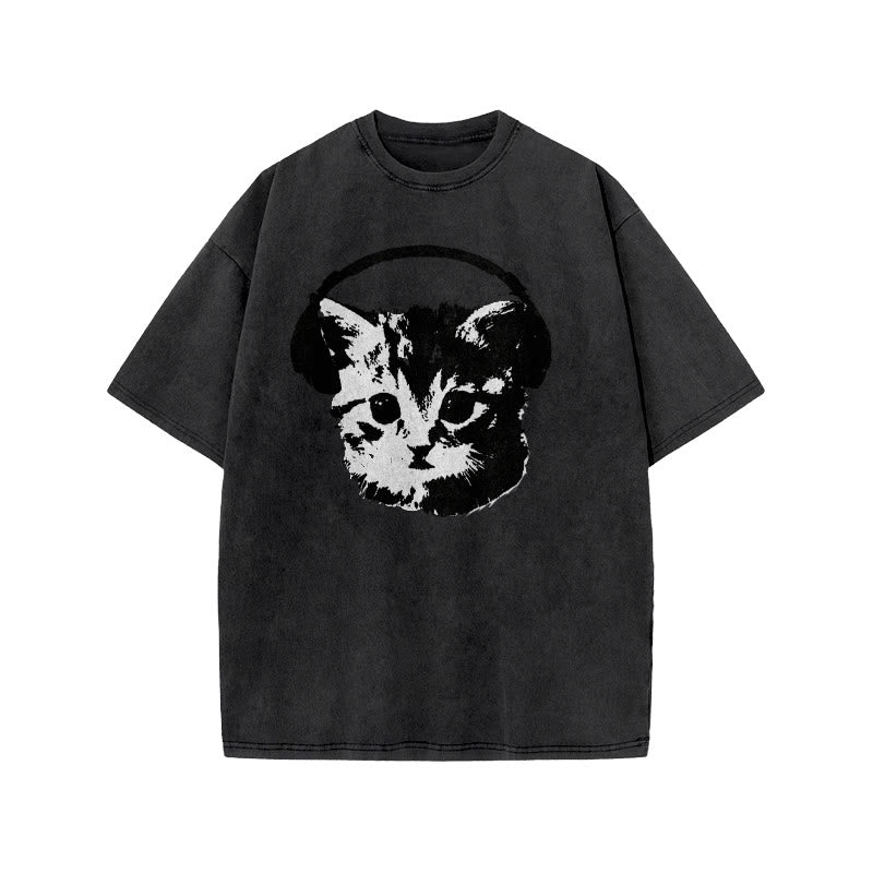Unisex Listening Cat Print Acid Washed T-shirt