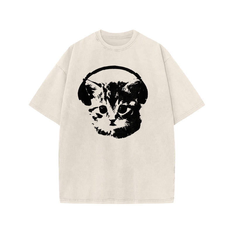 Unisex Listening Cat Print Acid Washed T-shirt