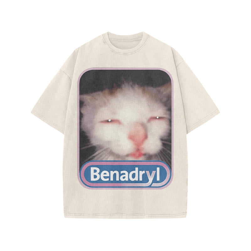 Unisex Benadryl Meme Cat Art Print Acid Washed T-shirt