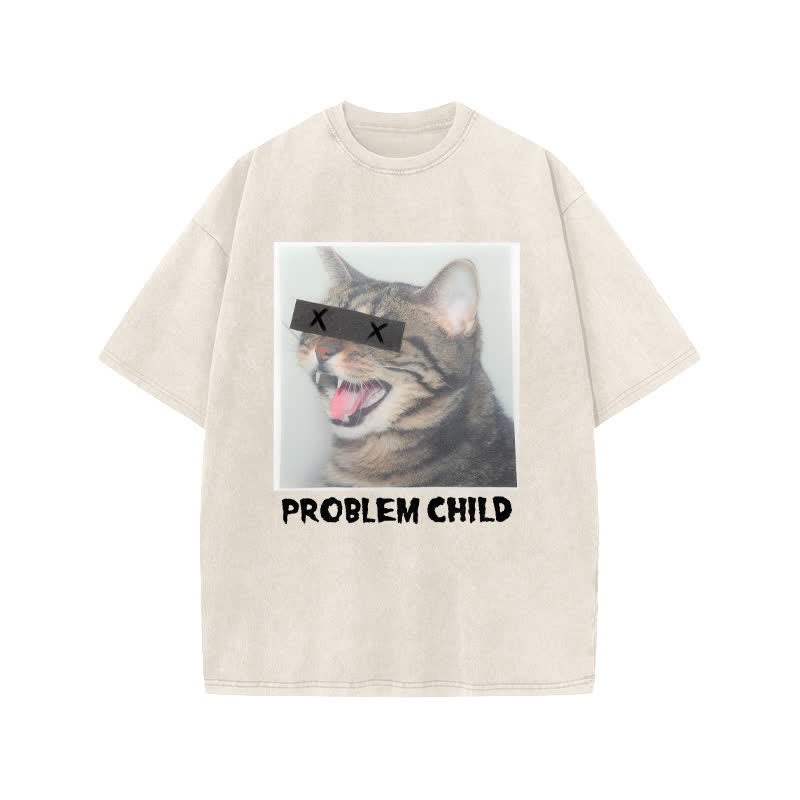 Unisex Problem Cat Art Print Acid Washed T-shirt