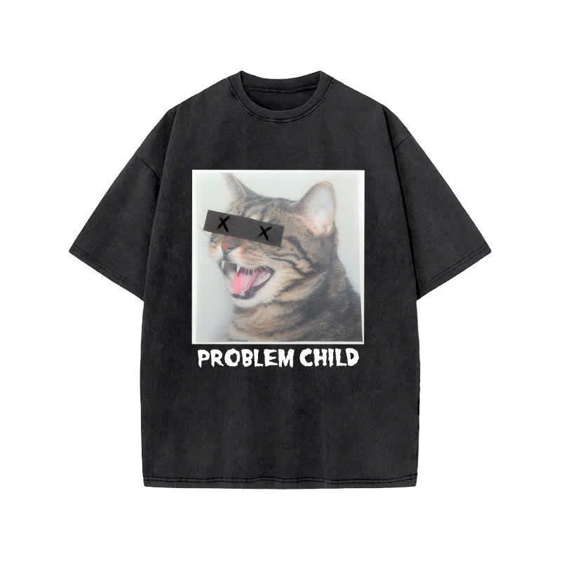 Unisex Problem Cat Art Print Acid Washed T-shirt