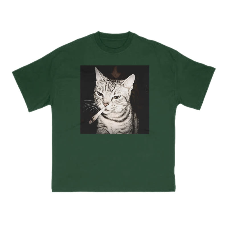 Unisex Smoking Tabby Cat Print T-shirt