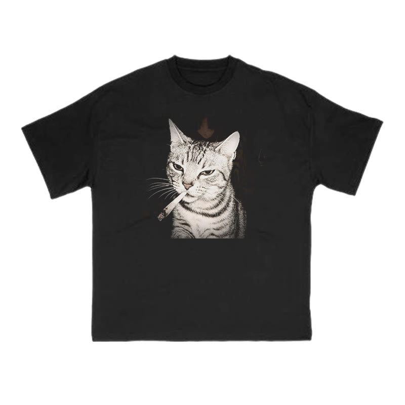 Unisex Smoking Tabby Cat Print T-shirt