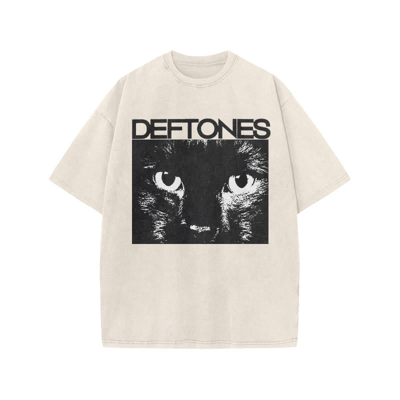 Unisex Deftones Cat Print Acid Washed T-shirt