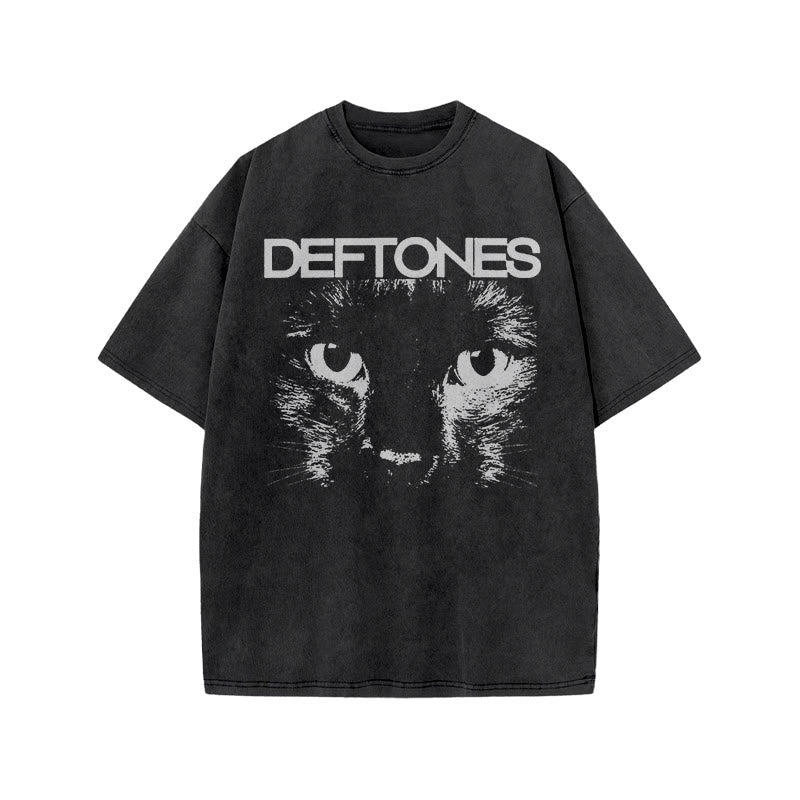 Unisex Deftones Cat Print Acid Washed T-shirt