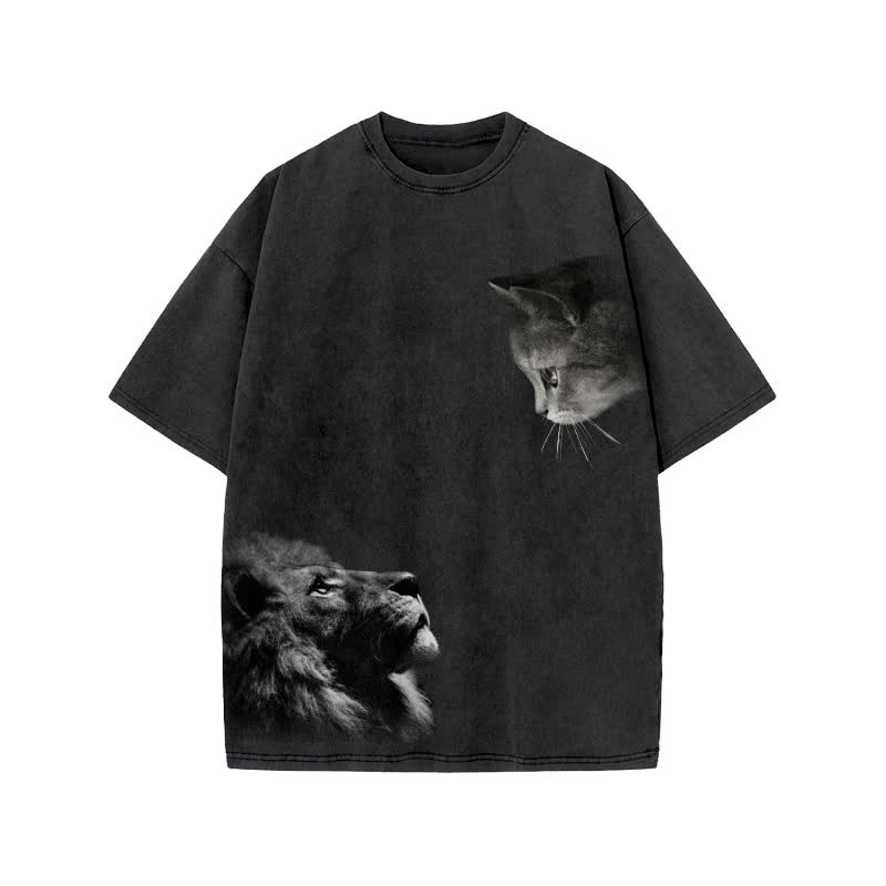 Unisex 100% Cotton Lion And Cat Print Acid Washed T-shirt