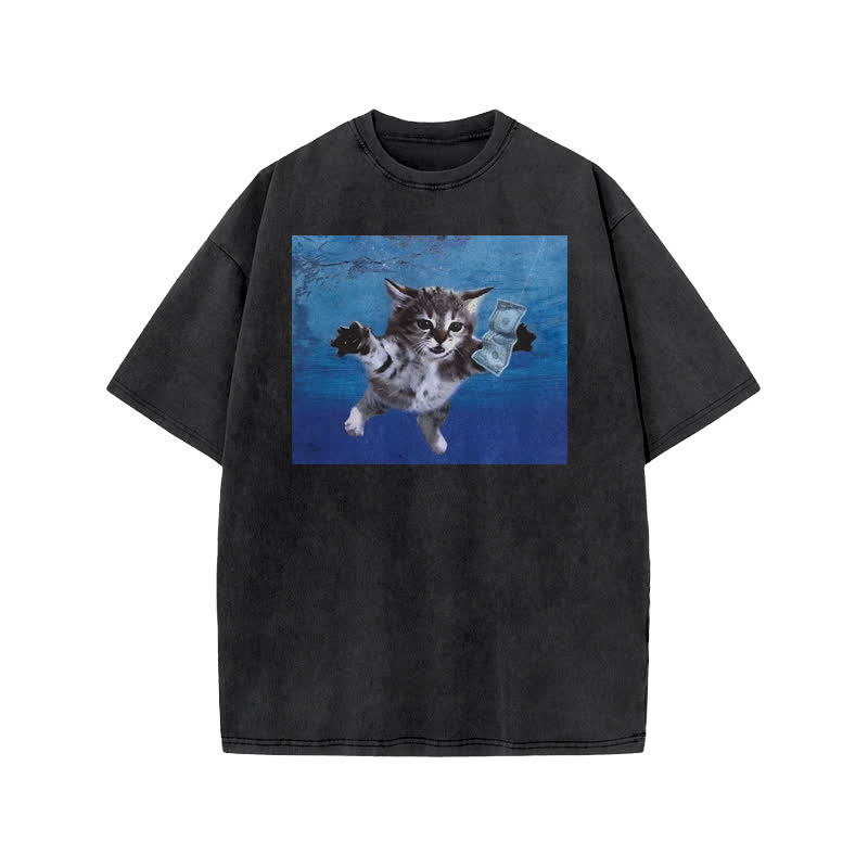 Unisex Fishing For Cats With Money Print Acid Washed T-shirt