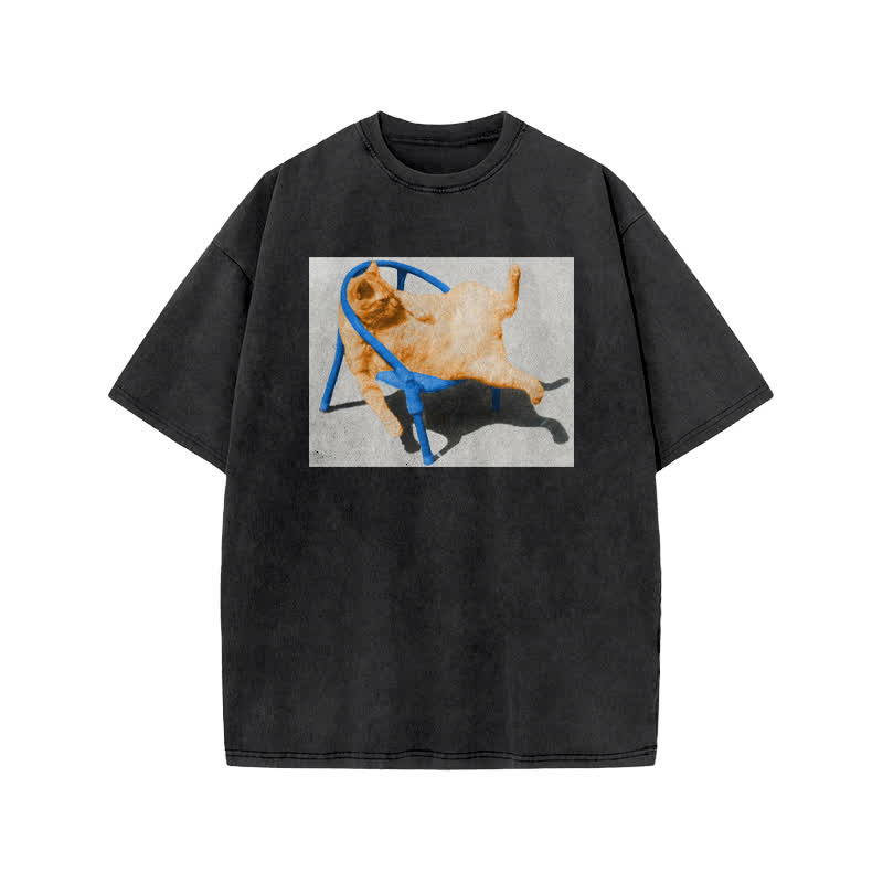 Unisex Cat Lying Flat Print Acid Washed T-shirt