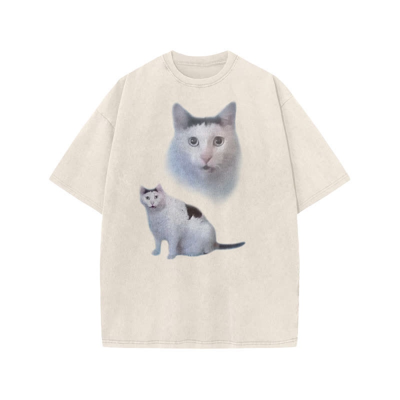 Unisex Confused Cat Print Acid Washed T-shirt