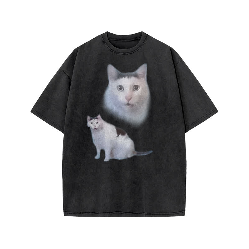 Unisex Confused Cat Print Acid Washed T-shirt