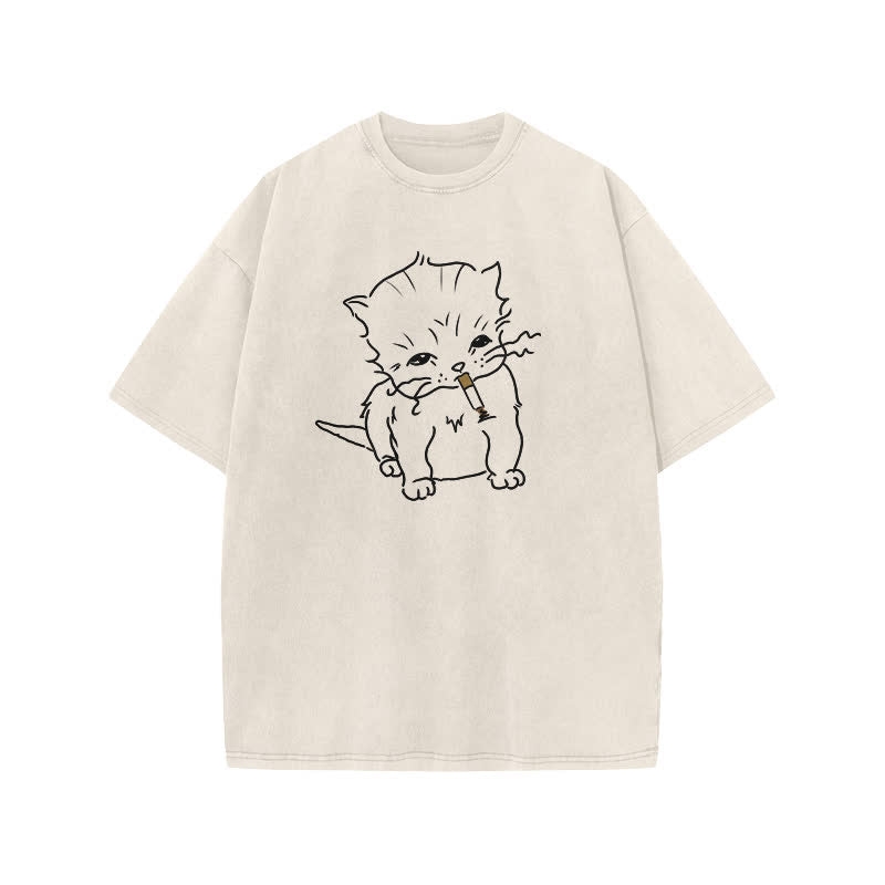 Unisex Smoking Cat Print Acid Washed T-shirt