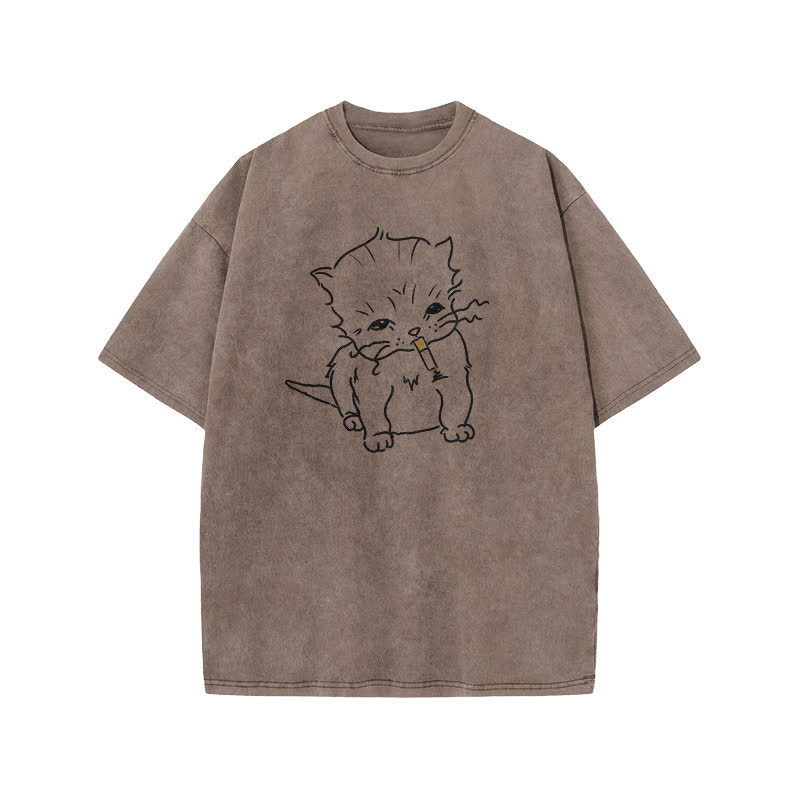 Unisex Smoking Cat Print Acid Washed T-shirt
