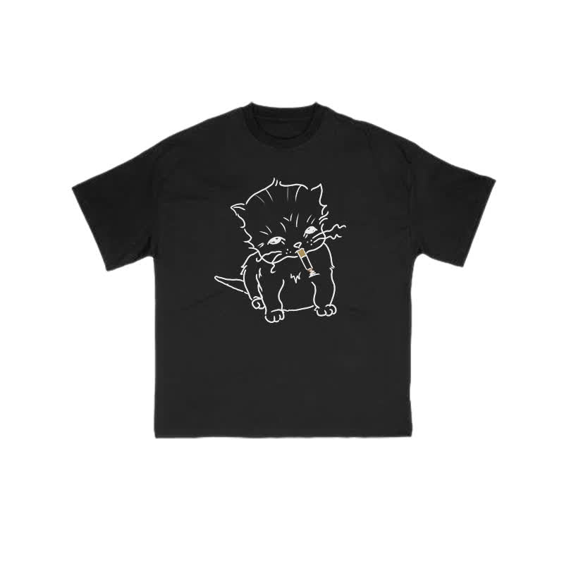 Unisex Smoking Cat Print T-shirt