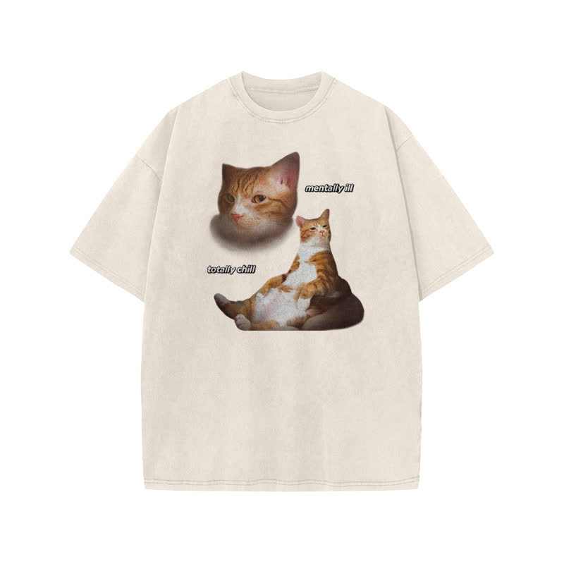 Unisex "Mentally Ill Totally Chill" Fun Cat Pattern Print Acid Washed T-shirt