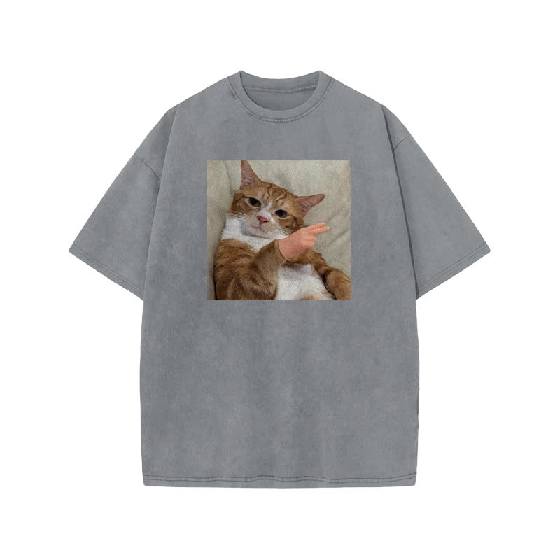 Unisex "Scissor Hand Gesture" Fun Cat Pattern Print Acid Washed T-shirt