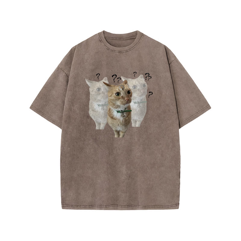 Unisex "Brain Is Loading" Fun Cat Pattern Print Acid Washed T-shirt