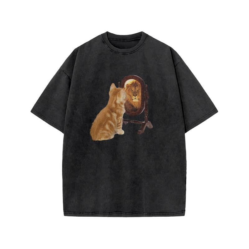 Unisex Know Yourself Fun Cat Pattern Print Acid Washed T-shirt