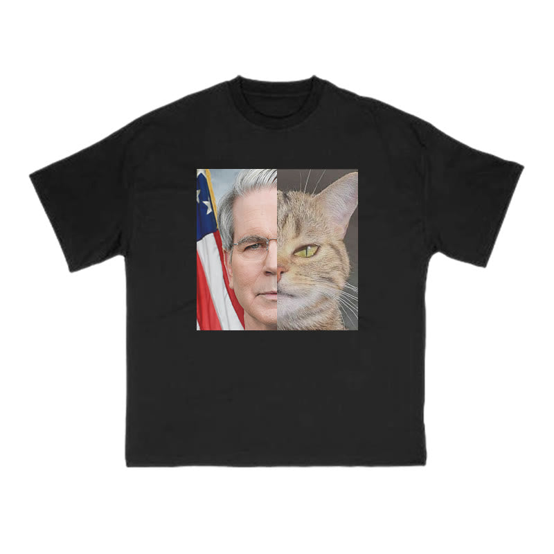 Unisex Confident Cat Patchwork Print T-shirt