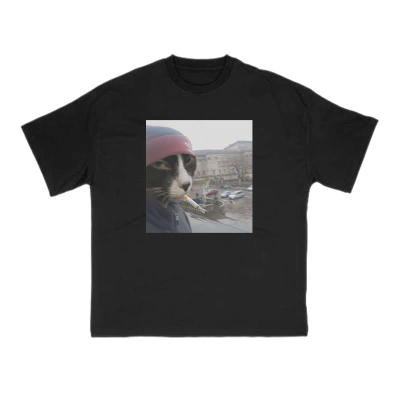 Unisex Smoking Street Style Cat Print T-shirt