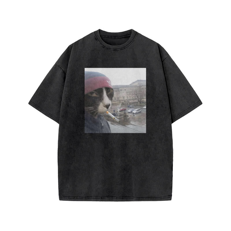 Unisex Smoking Street Style Cat Print Acid Washed T-shirt