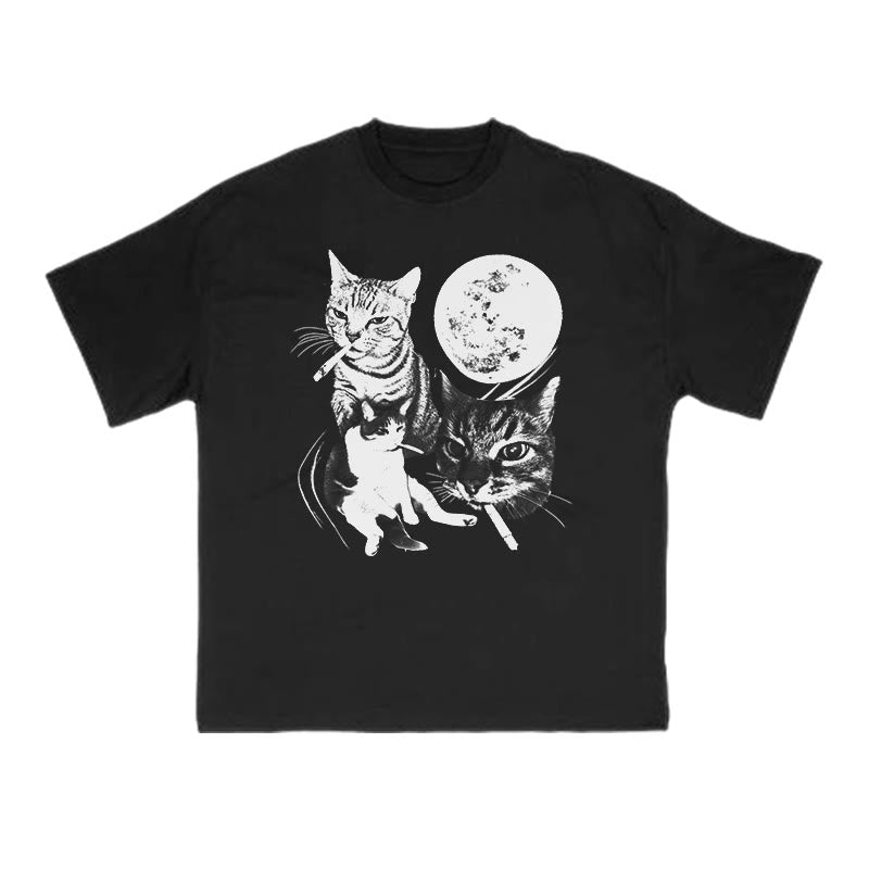 Unisex Three Cats Smoking Under The Moon Print T-shirt