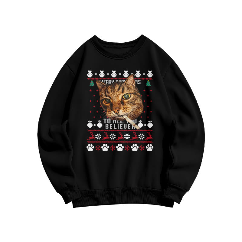 A Domineering Smoking Cat Christmas Print Sweatshirt