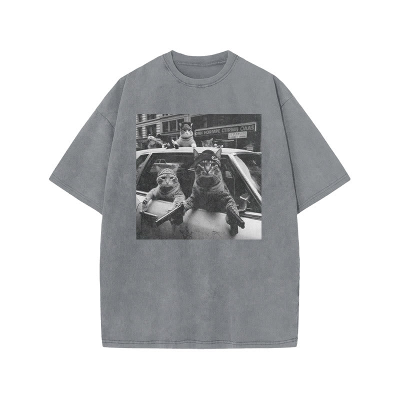 Funny Cat Gang Print Acid Washed T-shirt