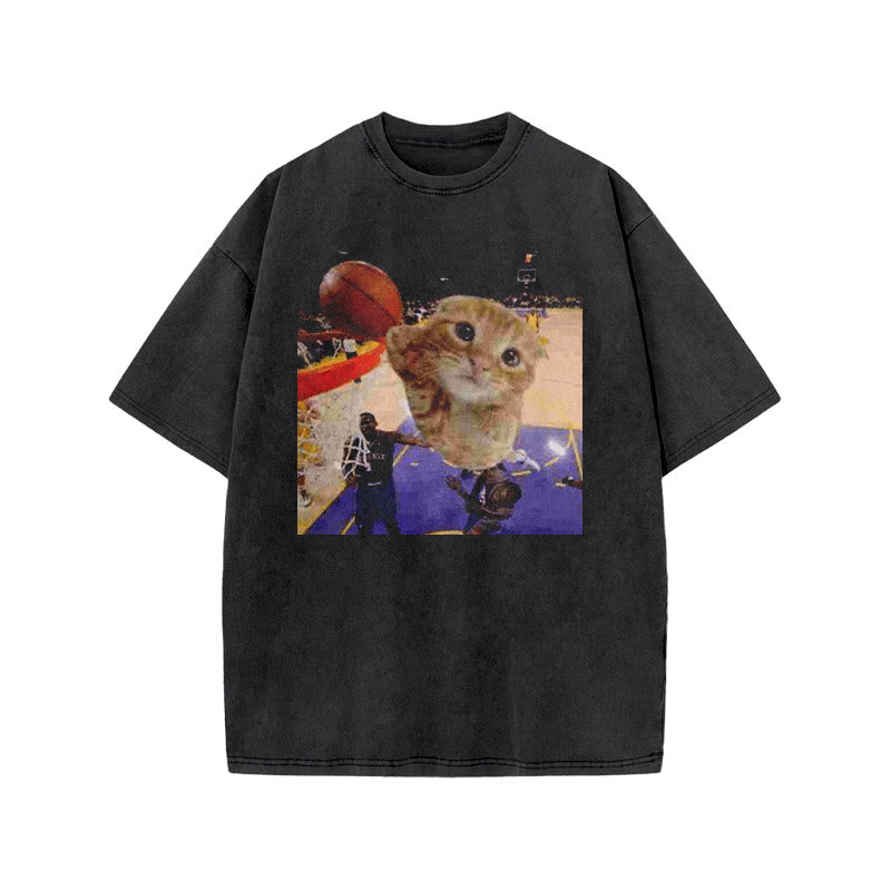 Orange Cats Playing Basketball Print Acid Washed T-shirt