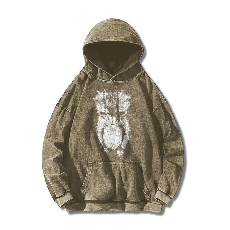 Funny Cat Meme Printed Washed Hoodie