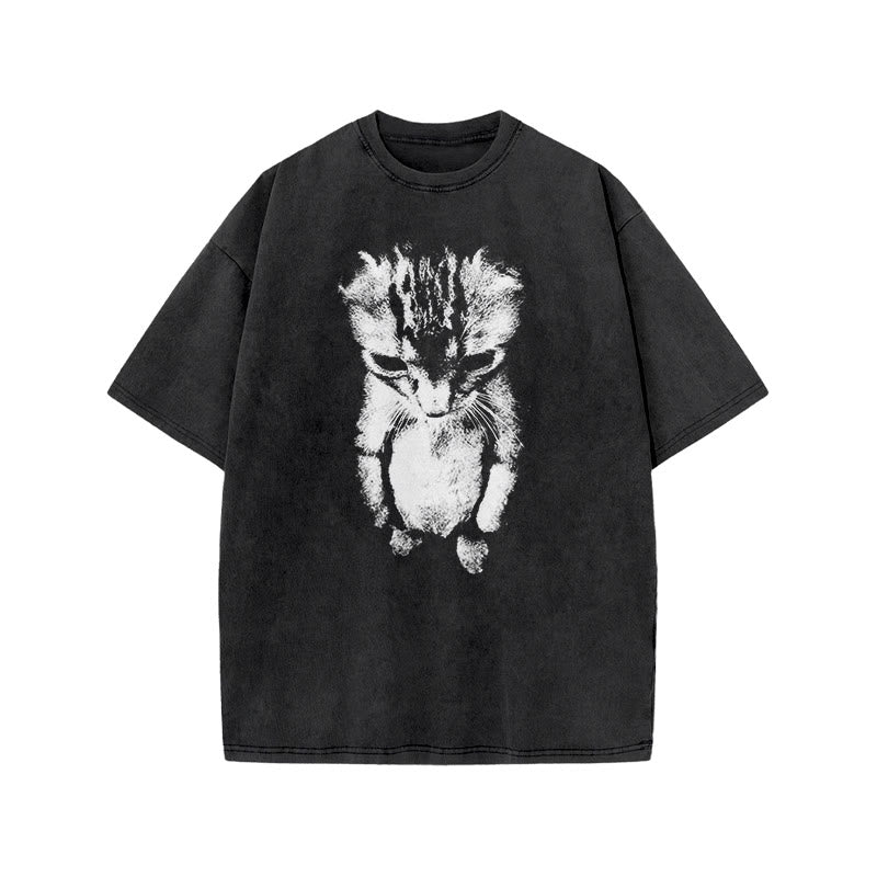 Funny Cat Meme Print Acid Washed T-shirt