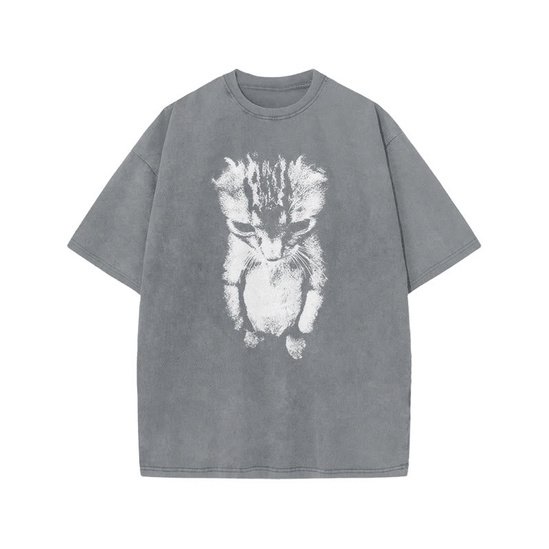Funny Cat Meme Print Acid Washed T-shirt