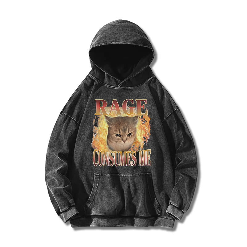 Rage Consumes Me Meme Cat Printed Washed Hoodie