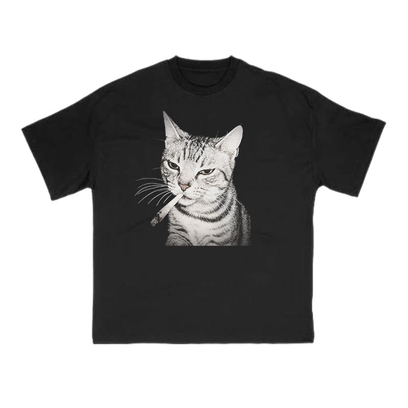 Tabby Cat With A Cigarette In Its Mouth Print T-shirt