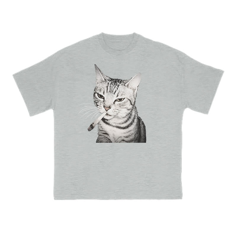 Tabby Cat With A Cigarette In Its Mouth Print T-shirt