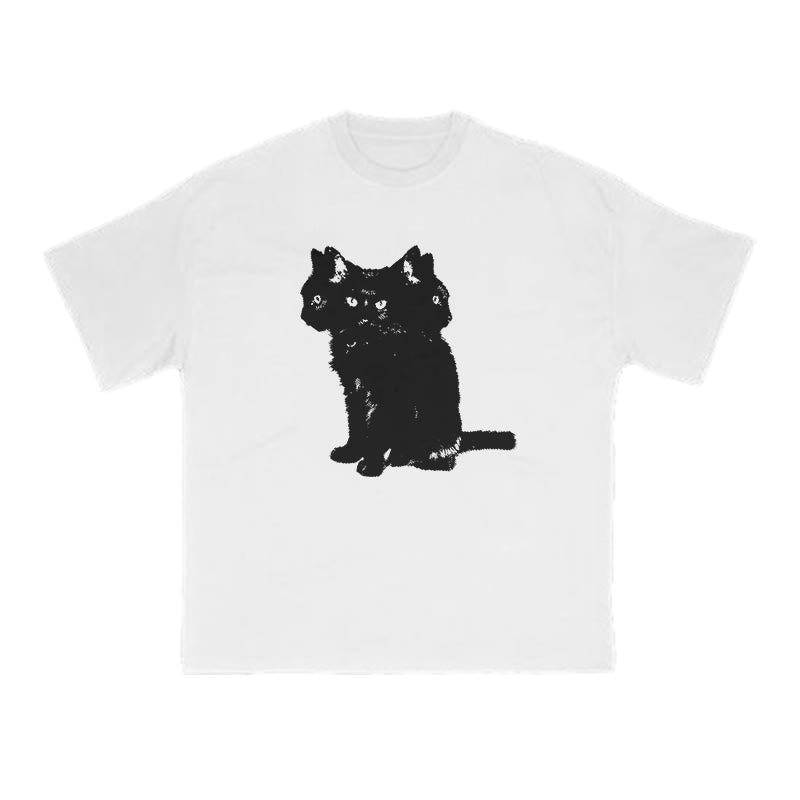 Three-headed Black Cat Print T-shirt
