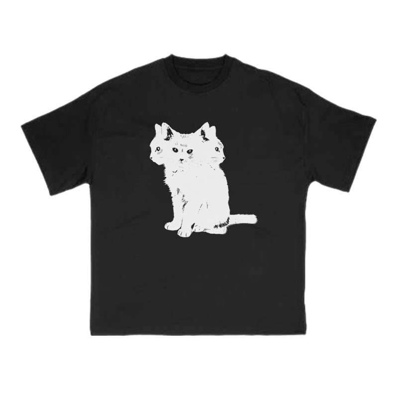 Three-headed Black Cat Print T-shirt